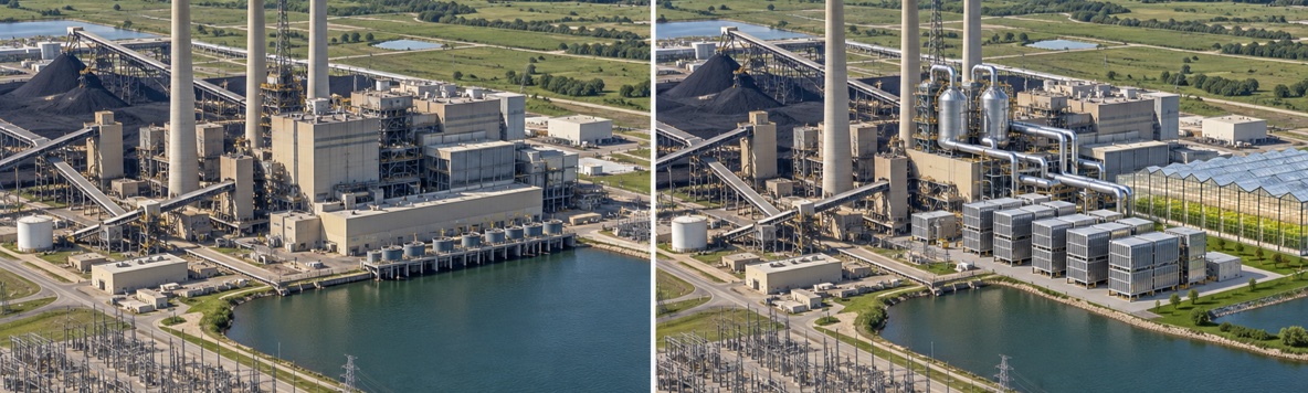 Side-by-side illustration of a coal power plant: on the left, the plant as it operates today; on the right, the same plant retrofitted with SRU heat-recovery ducting, stacked TESS thermal storage modules and a greenhouse campus beside the cooling lake