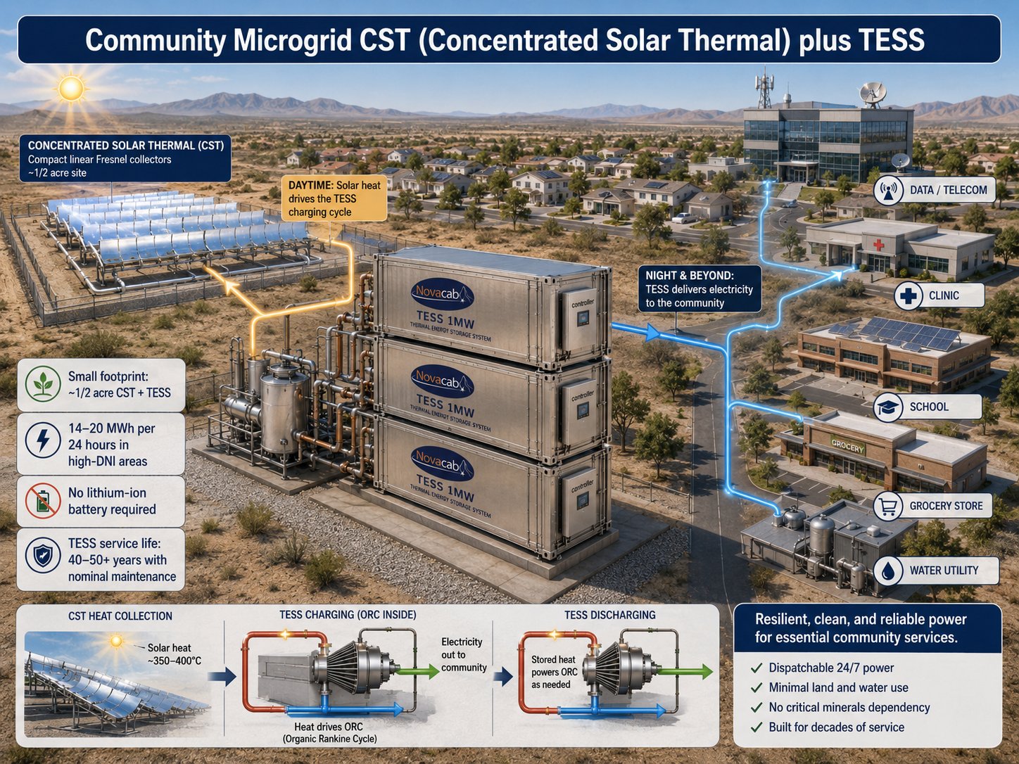 Community microgrid combining concentrated solar thermal collectors with Novacab TESS thermal storage, powering data/telecom, clinic, school, grocery and water utility loads