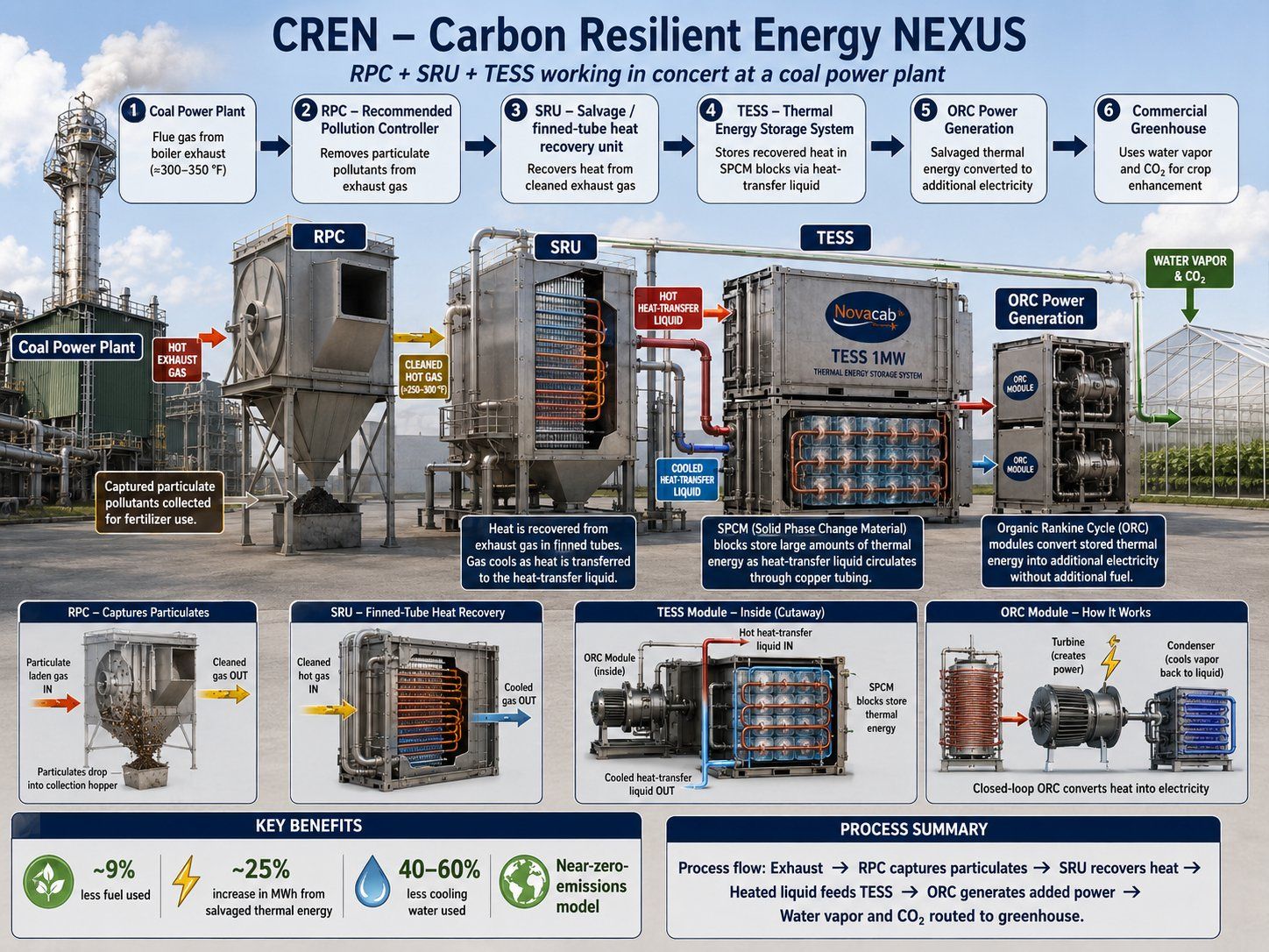 CREN — Carbon Resilient Energy NEXUS diagram: RPC, SRU, TESS and ORC working in concert, shown here at a coal power plant, with process cutaways for particulate capture, heat recovery, thermal storage and ORC power generation