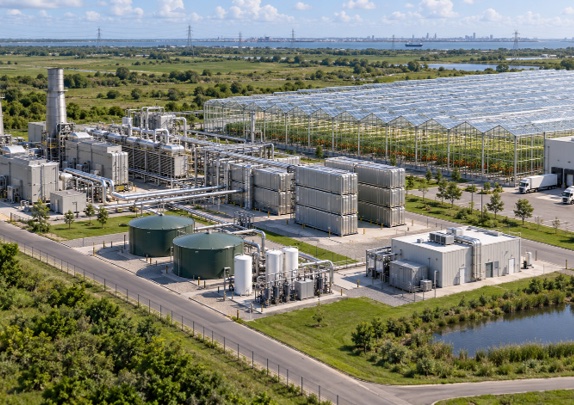 Natural gas power plant with SRU heat-recovery piping and stacked TESS thermal storage modules feeding an adjacent glass greenhouse campus, with storage tanks and a logistics building nearby