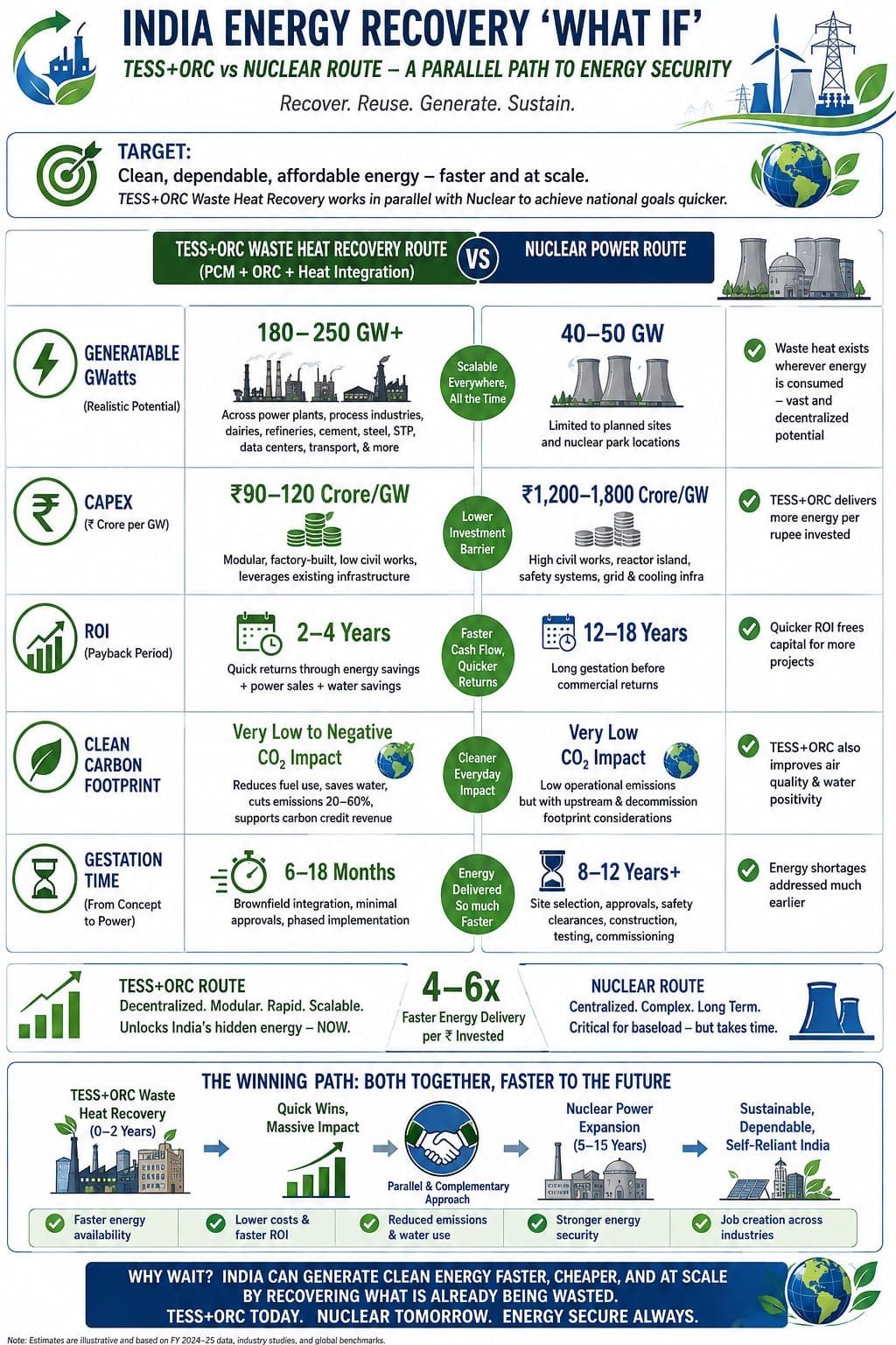 India Energy Recovery What If infographic comparing the TESS+ORC waste heat recovery route to the nuclear power route: generatable gigawatts, capex per gigawatt, ROI payback period, carbon footprint and gestation time from concept to power