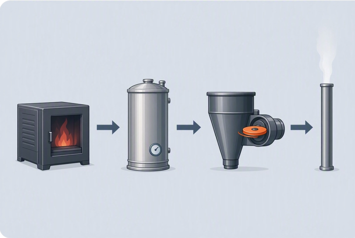 Diagrammatic representation of the RPC: combustion, steam generator, rotary particulate collector, cleaned gas to stack