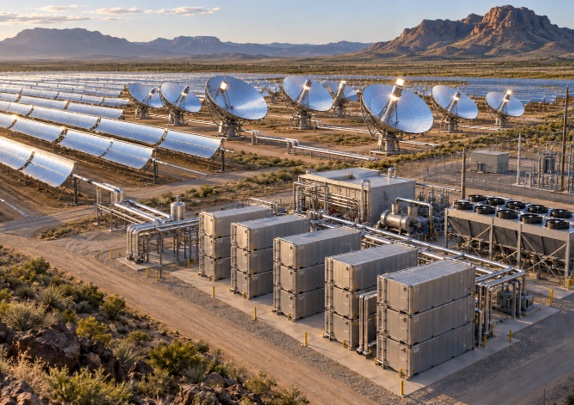Concentrated solar thermal field in a high-desert setting: parabolic trough rows and solar dish concentrators feeding stacked TESS thermal storage modules, with ORC and cooling equipment alongside