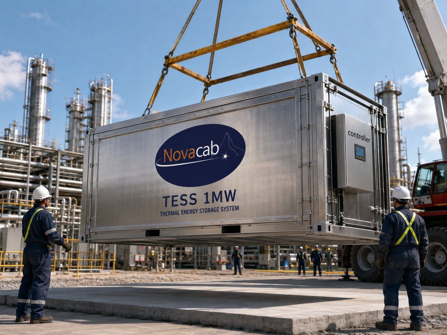 A Novacab TESS 1MW thermal energy storage unit being craned into place at an industrial plant, with installation crew guiding it onto its pad