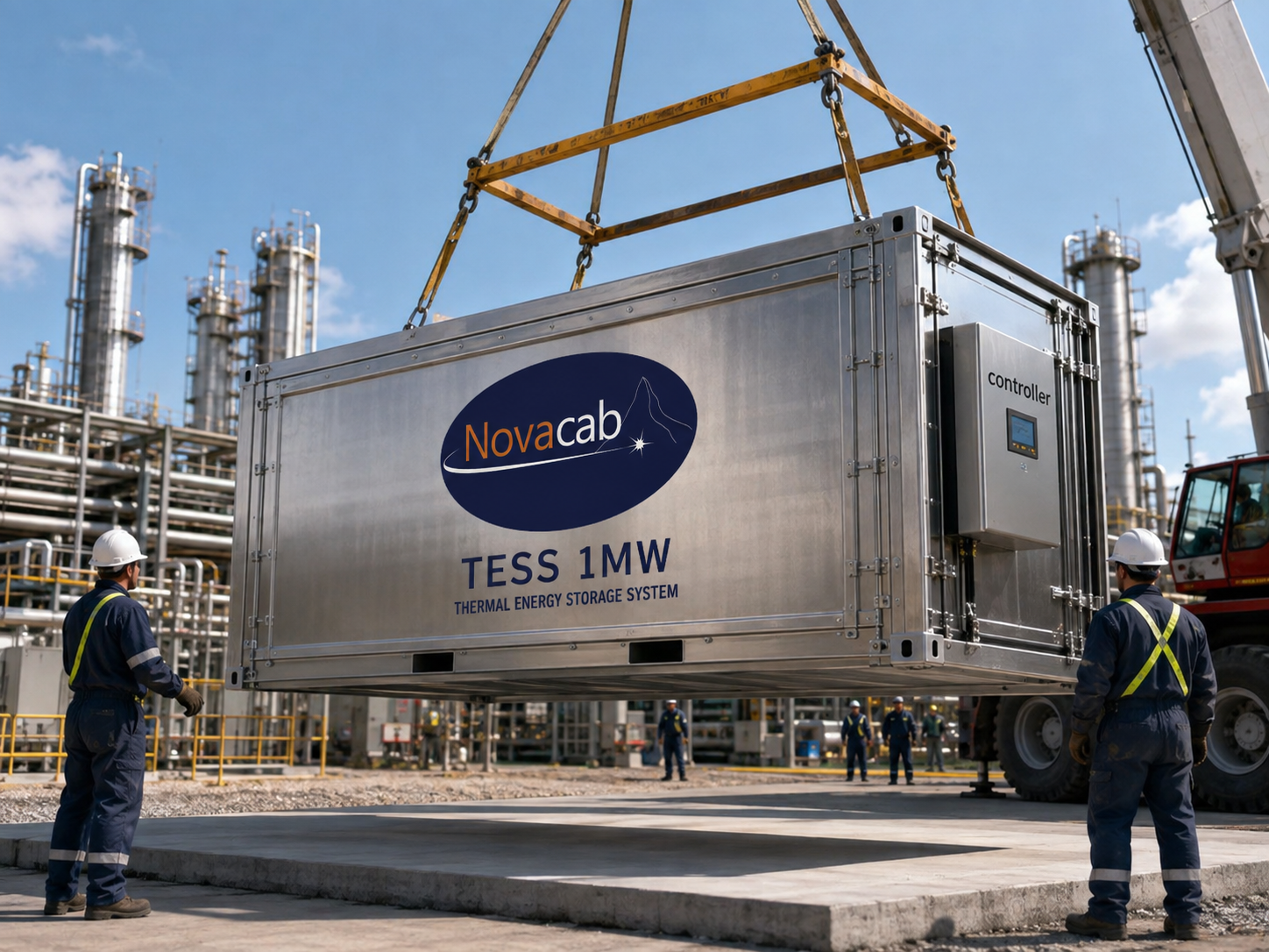 A Novacab TESS 1MW thermal energy storage unit being craned into place at an industrial plant, with installation crew guiding it onto its pad