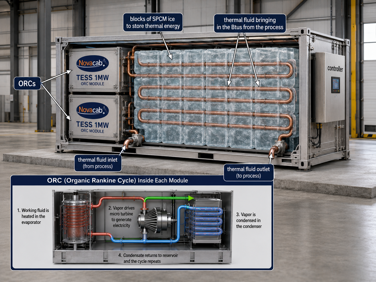 Cutaway view of a Novacab TESS 1MW unit on the dock: blocks of SPCM ice store thermal energy delivered by a thermal fluid loop, with two ORC modules converting stored heat to electricity via a micro turbine