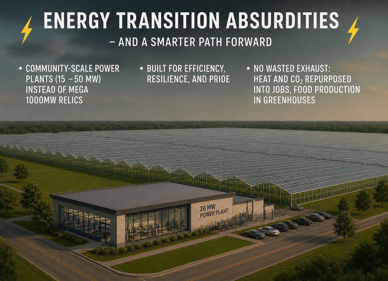 Community-scale power plant with greenhouse campus