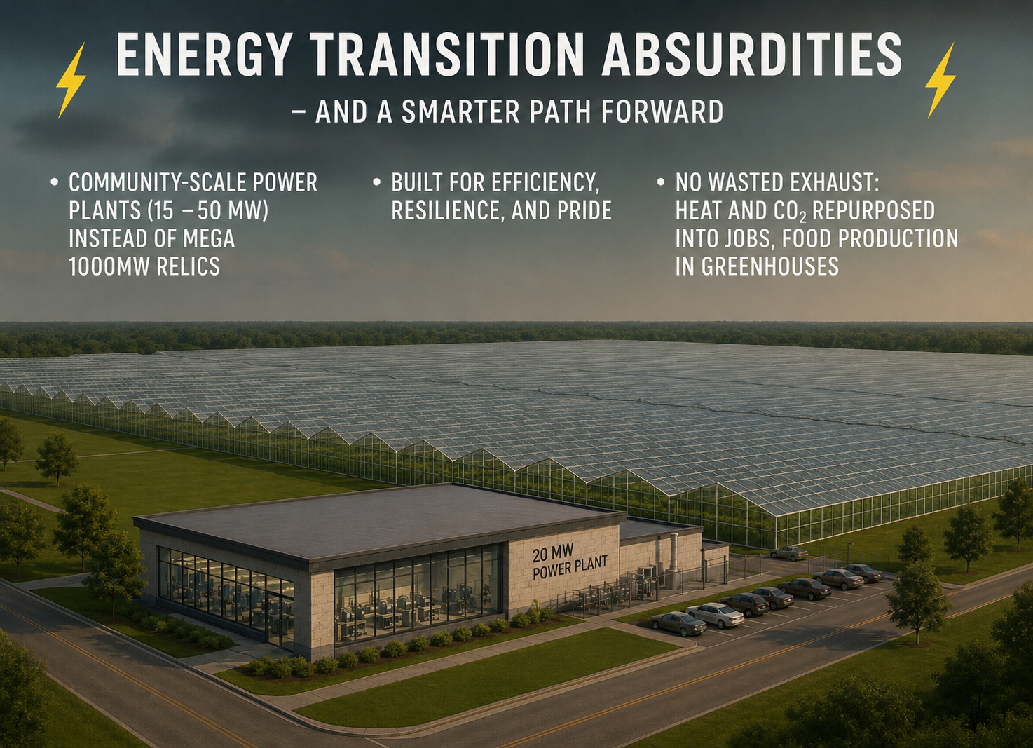 Community-scale power plant with greenhouse campus