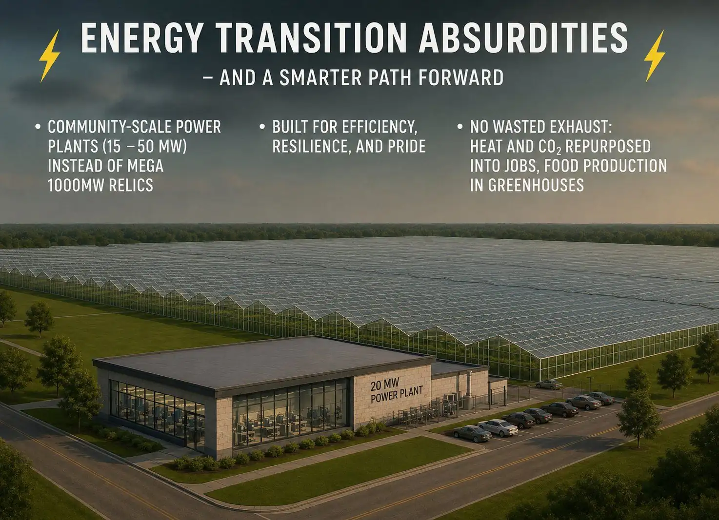 Community-scale power plant with greenhouse campus